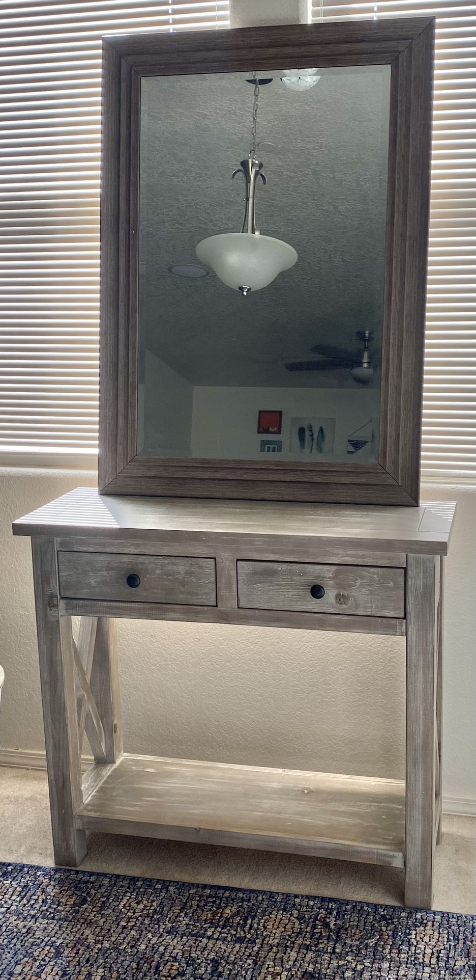 Rustic Gray Wood Side Table +36“ X 24“ Framed Mirror