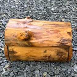 Vintage Burl Craft Solid Log Wood Jewelry Treasure Box Chest