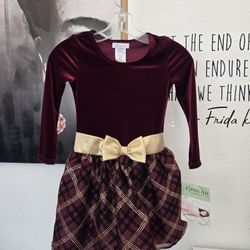 NWT Bonnie Jean Burgundy and Gold Plaid Dress with Bow Size 6X
