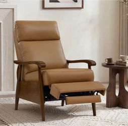 Mid-Century Modern Tan Leather Push-Back Recliner Chair