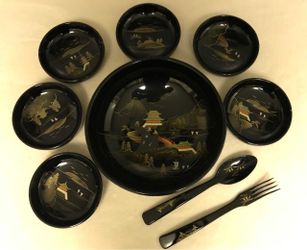 Vintage Japanese Embossed Aizu LacquerWare Serving & Salad Bowl Fork Spoon Set