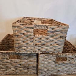 Set of 3 Woven Storage Baskets – 17x13" | Neutral Organizer Set

