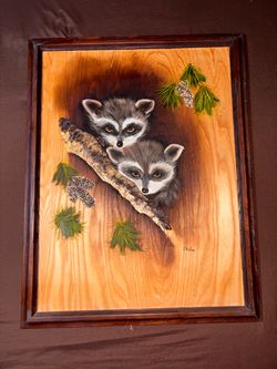 Vintage Japanese Raccoon Painting on Wood