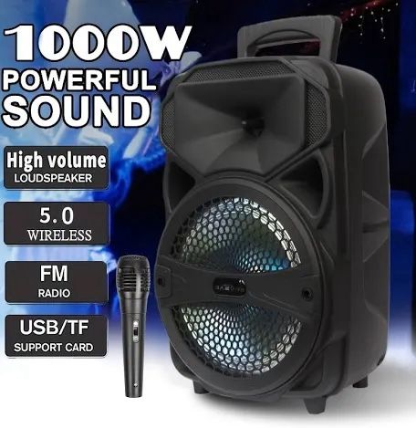 Bluetooth Speaker, Portable Wireless LED Speaker 8" with FM Radio/USB/SD Slot/Karaoke(with Mic, Remote Control)