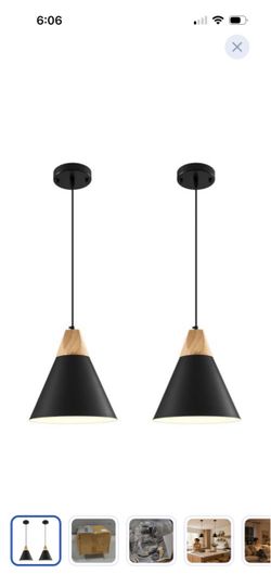Black Metal Pendant Lights with Wood Detail – Set of 2