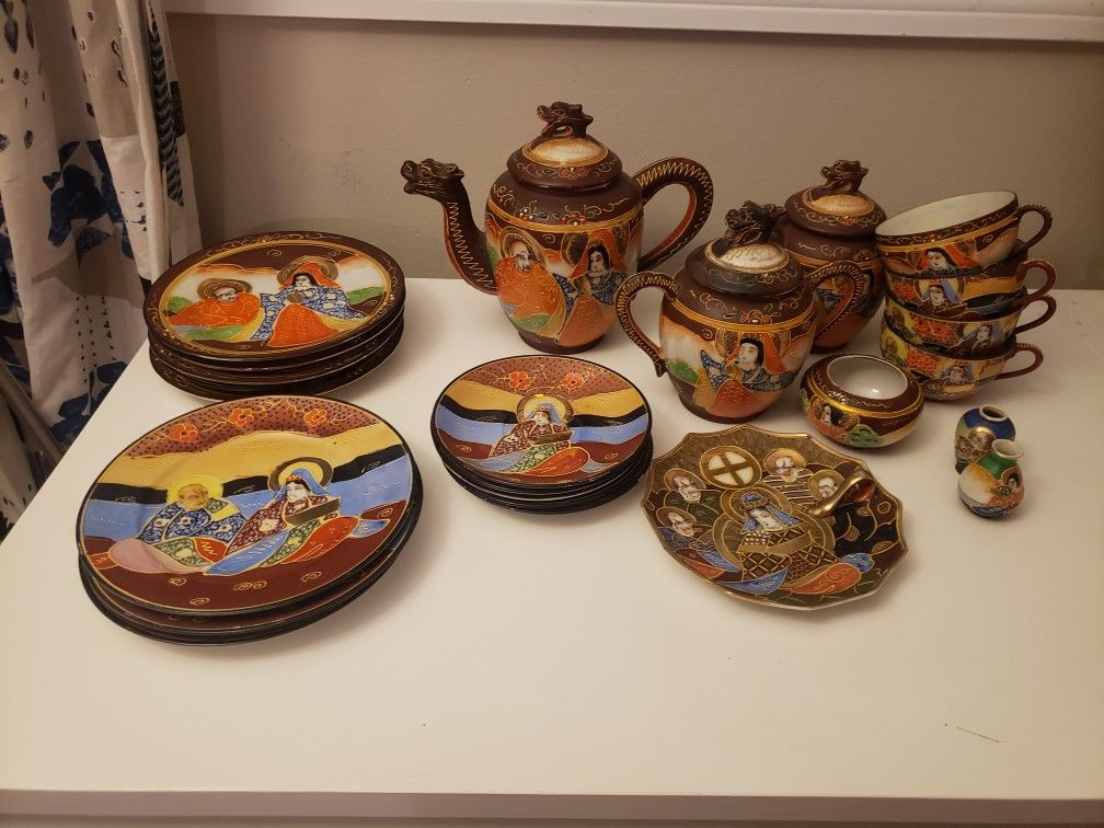 Vintage Japanese Porcelain Ceramic Satsuma Moriage Dragon Ware Tea Set