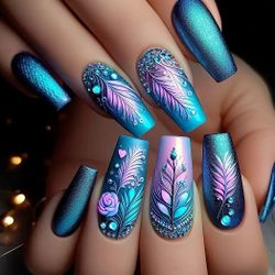 24-pcs. Medium Iridescent Blue-Purple Gradient Feather & Floral Press-On Nails