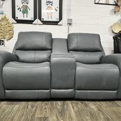 Blue Italian Leather Dual Power Loveseat