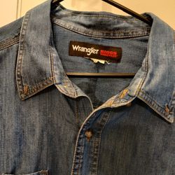 Wrangler Riggs Workwear Denim Button Down Denim Shirt. 37 In Long 24 In pit to pit 