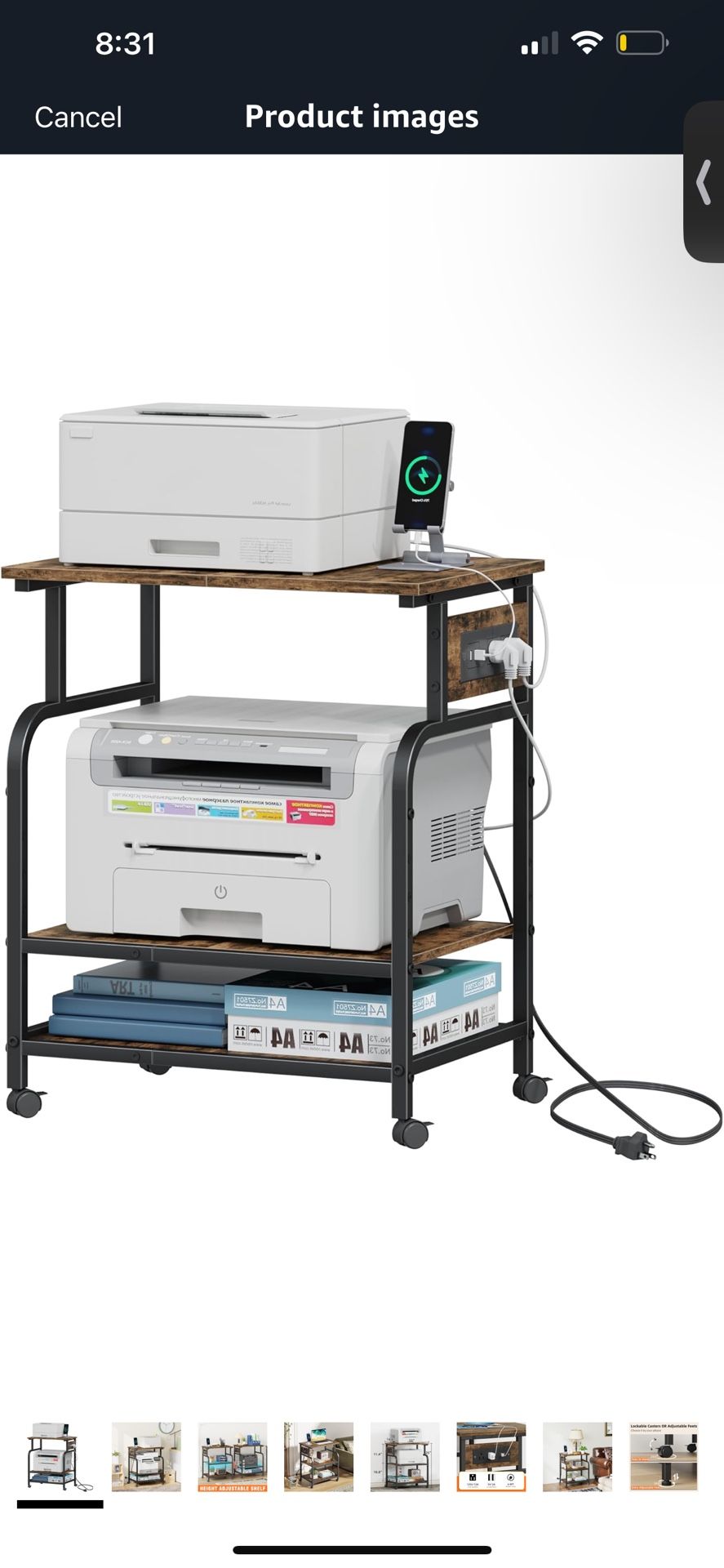 3 Tier Large Printer Stand with Power Outlet/Adjustable Storage Shelf, Rolling Cart with Wheels, Printer Table for Home Office 3D Printer/Heat Press/L