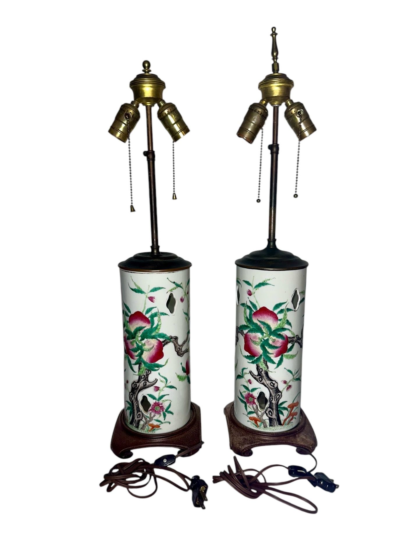 Vintage Pair of Chinese Porcelain Hat Stand Vase Lamps