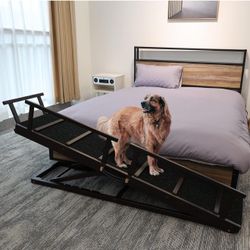 Pet Ramp Folding Portable Wooden Dog & Cat Ramp for Couch or Bed, Including Non Slip Mat & Safety Side Rails, 64.2 Inch Long and Height Adjustable fro