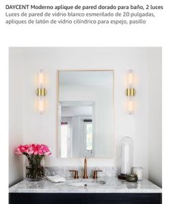 Modern gold 2-light bathroom wall sconce 20-inch frosted white glass wall lights; brass and cylindrical glass sconces for mirrors and hallways