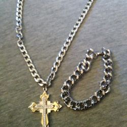 Titanium Steel Cross With Stainless Steel Necklace And Bracelet Set