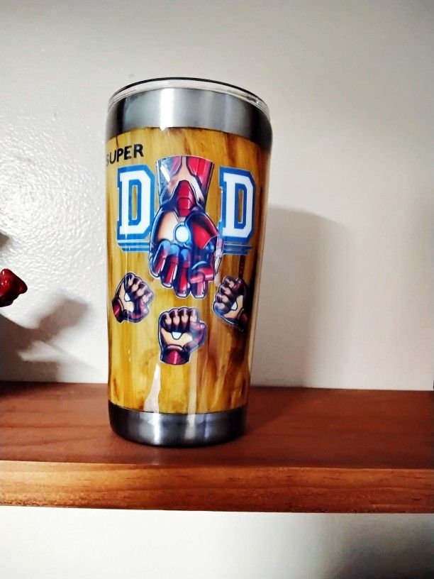 Super Dad 20 0z Iron Man Fist Bump Wood Grained Inspired Epoxy coated Perfect Father's day Gift