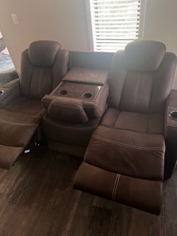 2 Suede Brown Couches. Electric 3seater recliner. 2Seater love seat.