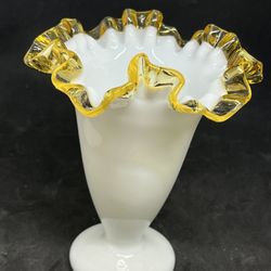 Vintage Fenton Amber/Gold Crest Milk Glass Ruffled Edge Vase 7" Tall 4.5" At Top