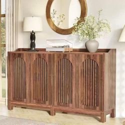 JW0983 New assembled 57-Inch Sideboard Cabinet with Adjustable Shelf, Vintage Brown Wooden Buffet with Fence Doors, 2-Tier Large Accent Table for Livi