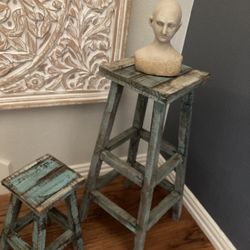 Pair Primitive Wooden Small Stools In Blue