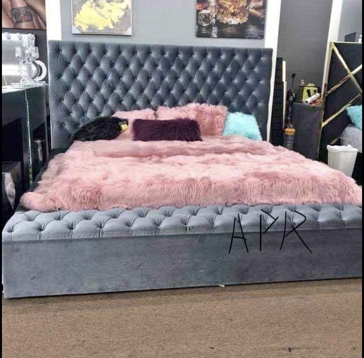 Pink Blue Black Gray Velvet Storage Platform Bed