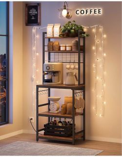 Kitchen Bakers Rack with Power Outlet, 23.6 Inches Microwave Stand Kitchen Storage Shelf, Metal Wire Panel,