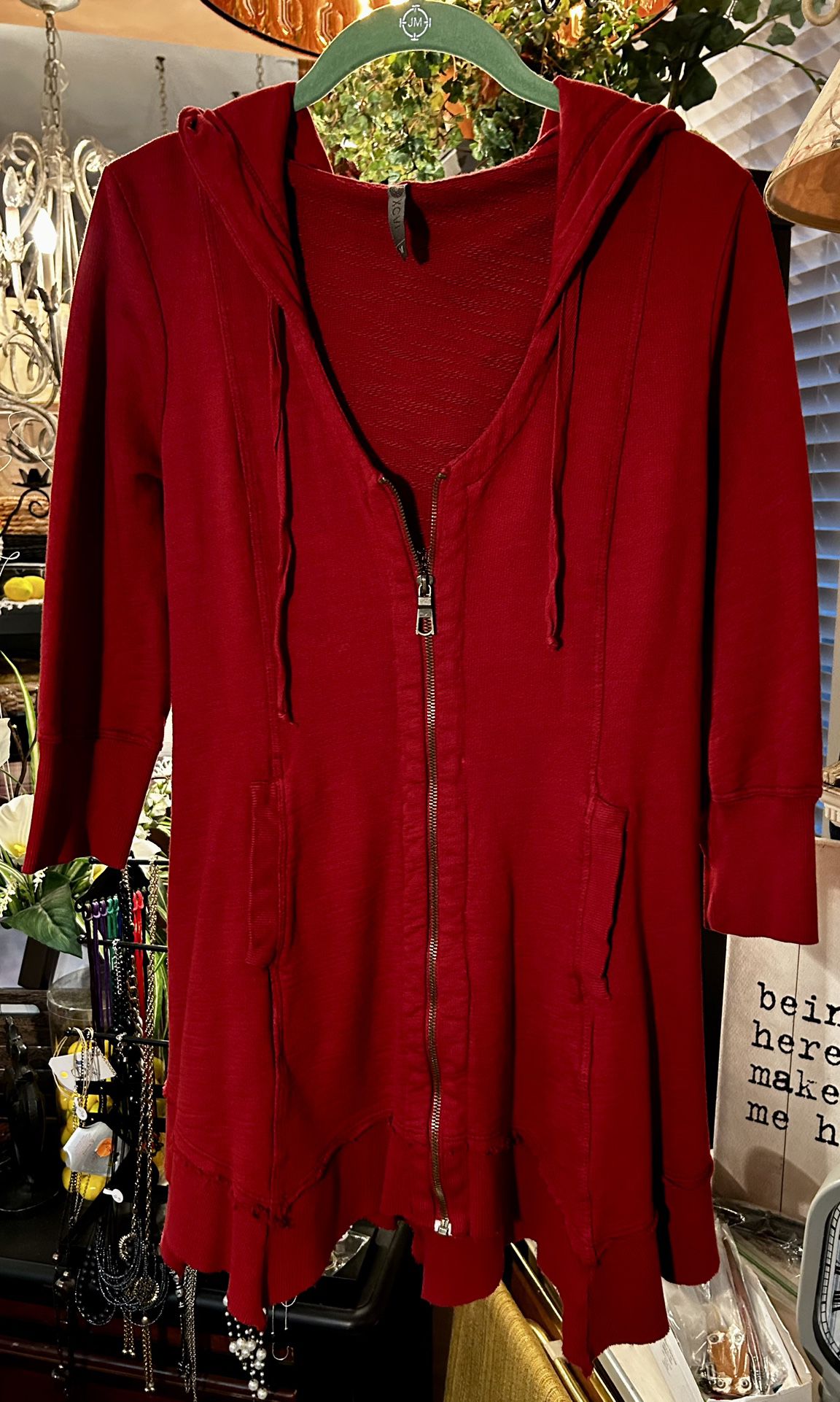 Ladies Medium  XCVI Red Hoodie Sweatshirt 3/4 Sleeves 