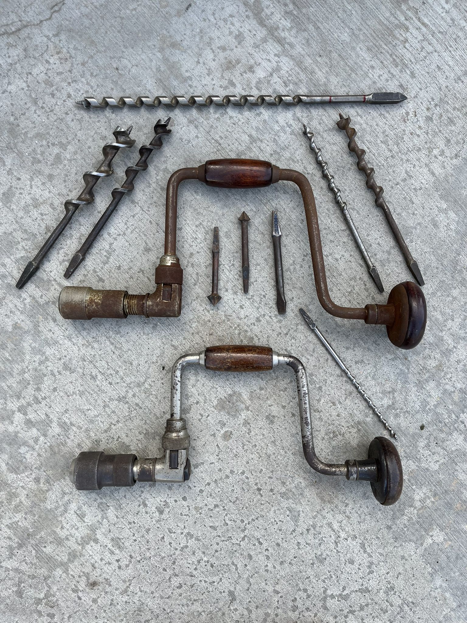 Two Vintage Hand Drills with Auger Bits