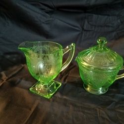 Antique Green Creamer And Sugar With Lid