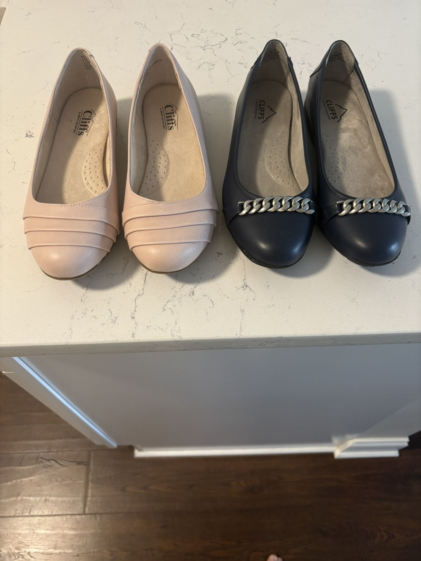 $15 Each - Women’s Cliffs By White Mountain Flat Shoes. Blue Pair Is Size 7.5 M And Light Pink Are Size 7.5 W.