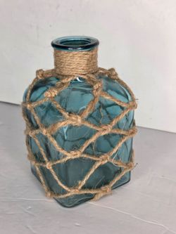 Blue Glass Bottle Jute Rope Net Wrapped Nautical Coastal Decor Square Vase
