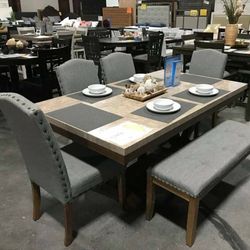 Vesper Brown/Gray Marble Rectangular Dining Set (Dining table and Chairs