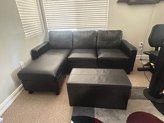Black Faux Leather Sectional Sofa with Storage Ottoman – Excellent Condition