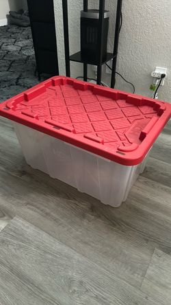 27 Gallon HDX (Home Depot) Plastic Storage Bin with Red Lid and locking capability.