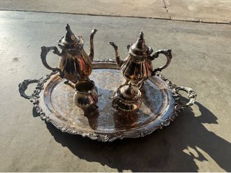 Vintage Wallace Baroque Silver Plated Tea & Coffee Set w/ Large Serving Tray – 5 Piece