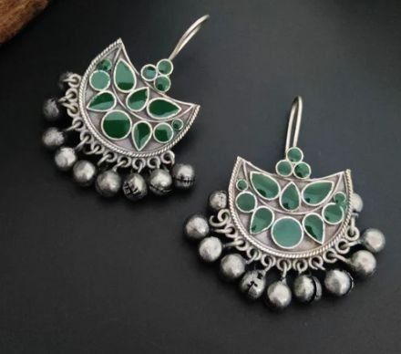 Green Silver Dangle Earrings Ethnic With Sound