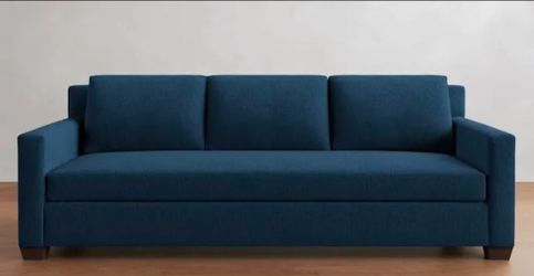Pottery Barn York Square Arm Upholstered Grand Sofa – Blue Velvet (Bench Cushion)