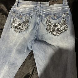 Sky Skull Bedazzled Flared Jeans