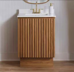 🆕 Precine 25 in. Single Sink Natural Teak Bathroom Vanity with White Engineered Stone Top (Assembled)