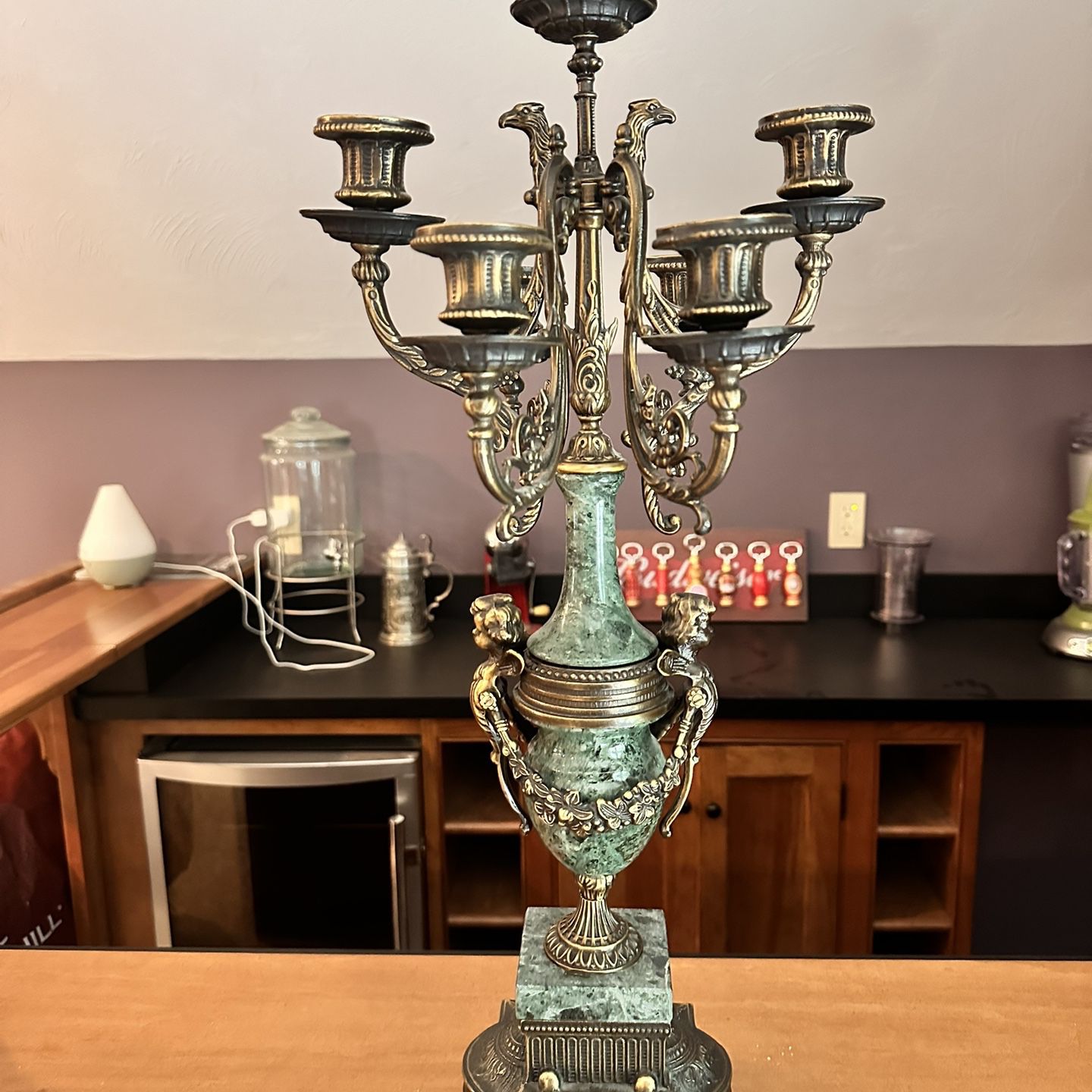 Early 20th Century Lancini Brass & Marble Imperial Candelabra, Made in Italy