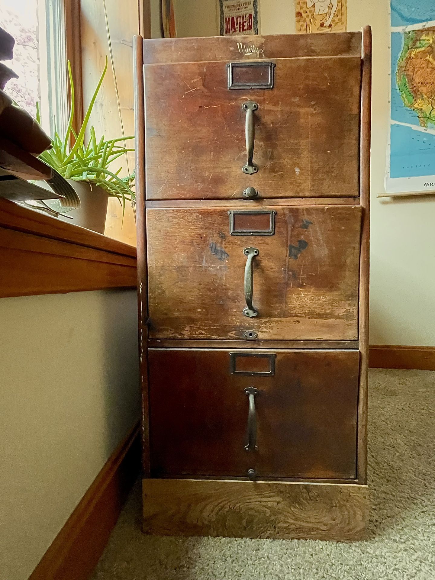 Antique, Solid Wood, 3 Drawer Filing Cabinet