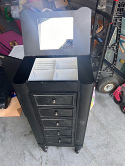 Black Standing Jewelry Armoire Cabinet with Mirror – 5 Drawers & Necklace Storage