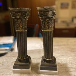 Heavy Metal Pillar Candlesticks With Marble Base