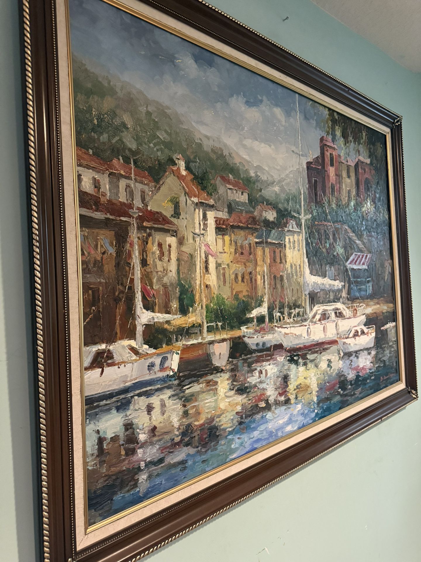 Large Framed Harbor Scene Oil Painting – Vibrant Coastal Artwork