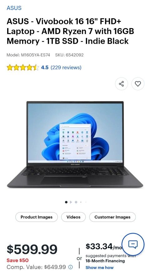 ASUS - Vivobook 16 16" FHD+ Laptop - AMD Ryzen 7 with 16GB Memory - 1TB SSD - Indie Black