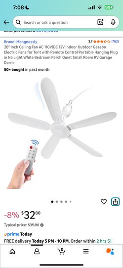 28" Inch Ceiling Fan AC 110V/DC 12V Indoor Outdoor Gazebo Electric Fans for Tent with Remote Control Portable Hanging Plug in No Light White Bedroom P