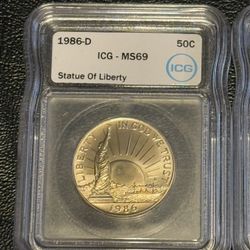 1986D Statue of Liberty Half Dollar ~ Graded MS69 by ICG ~ Beautiful Coins