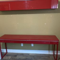 Red desk with overhead cabinet 