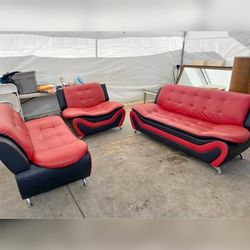Black & Red Colour Faux Leather 3 - Pieces Living room sofa set
