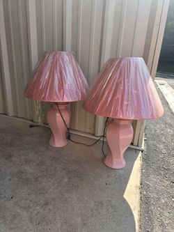 Vintage 1980s Postmodern Pink Ceramic Table Lamps - Pair w/ Original Pleated Shades
