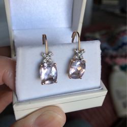 Pink Amethyst (Quartz) With Diamond Accent In Rose Gold Drop Earrings